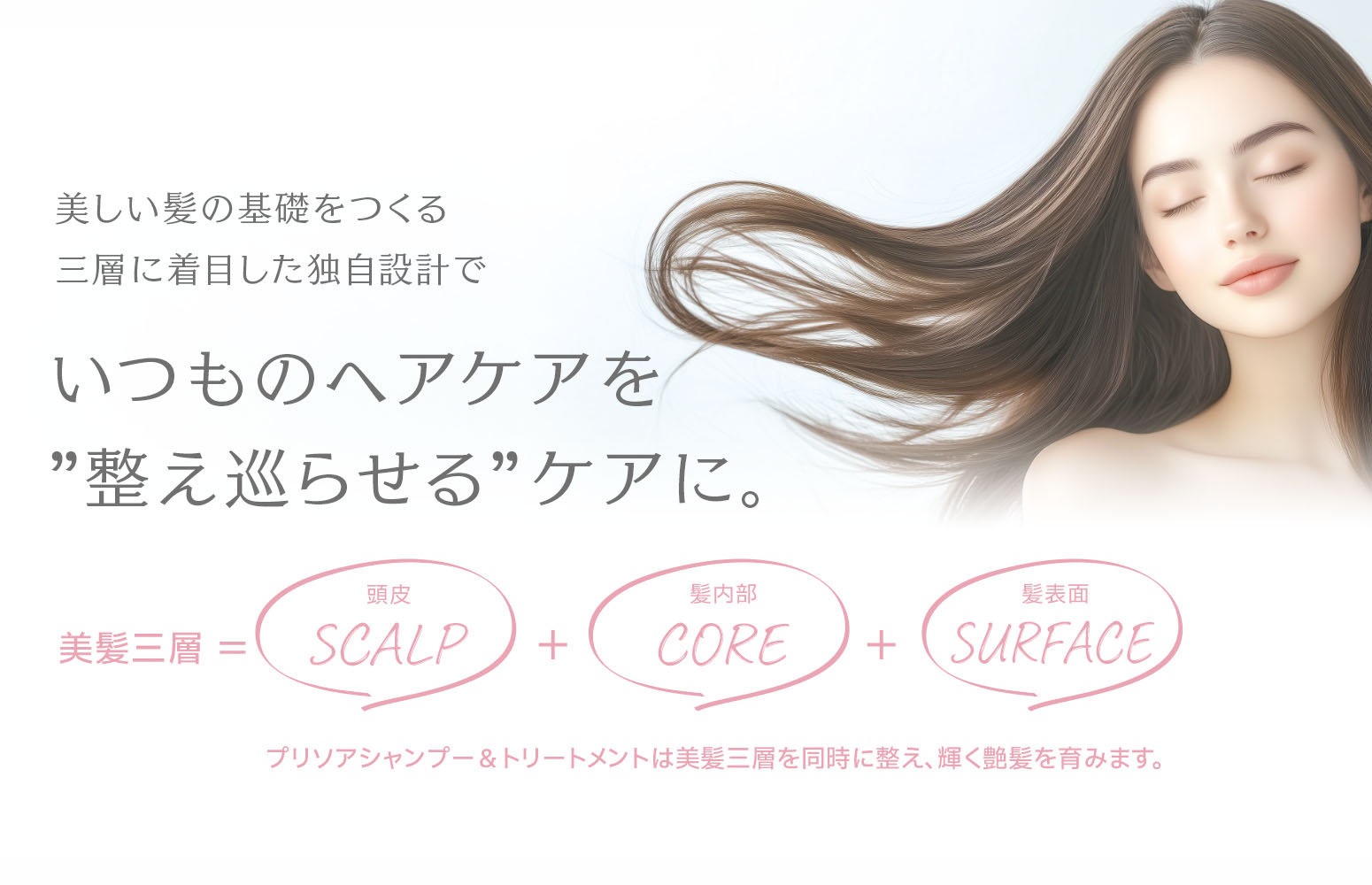 美しい髪の基礎をつくる。三層に着目した独自設計で。 いつものヘアケアを”整え巡らせる”ケアに。 美髪三層 =頭皮(SCALP)+髪内部(CORE)+髪表面(SURFACE) プリソアシャンプー&トリートメントは美髪三層を同時に整え、輝く艶髪を育みます。