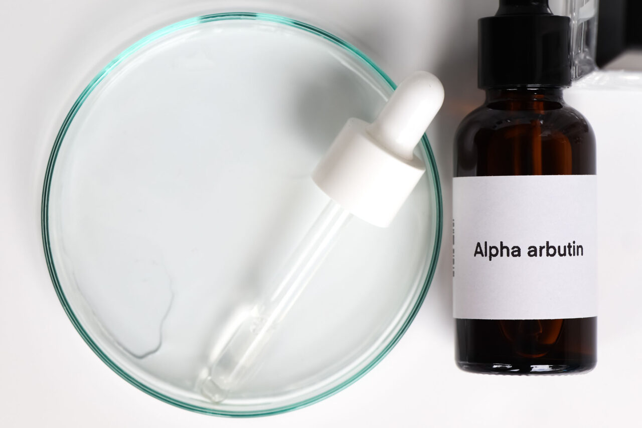 Alpha arbutin in a bottle, chemical ingredient in beauty product